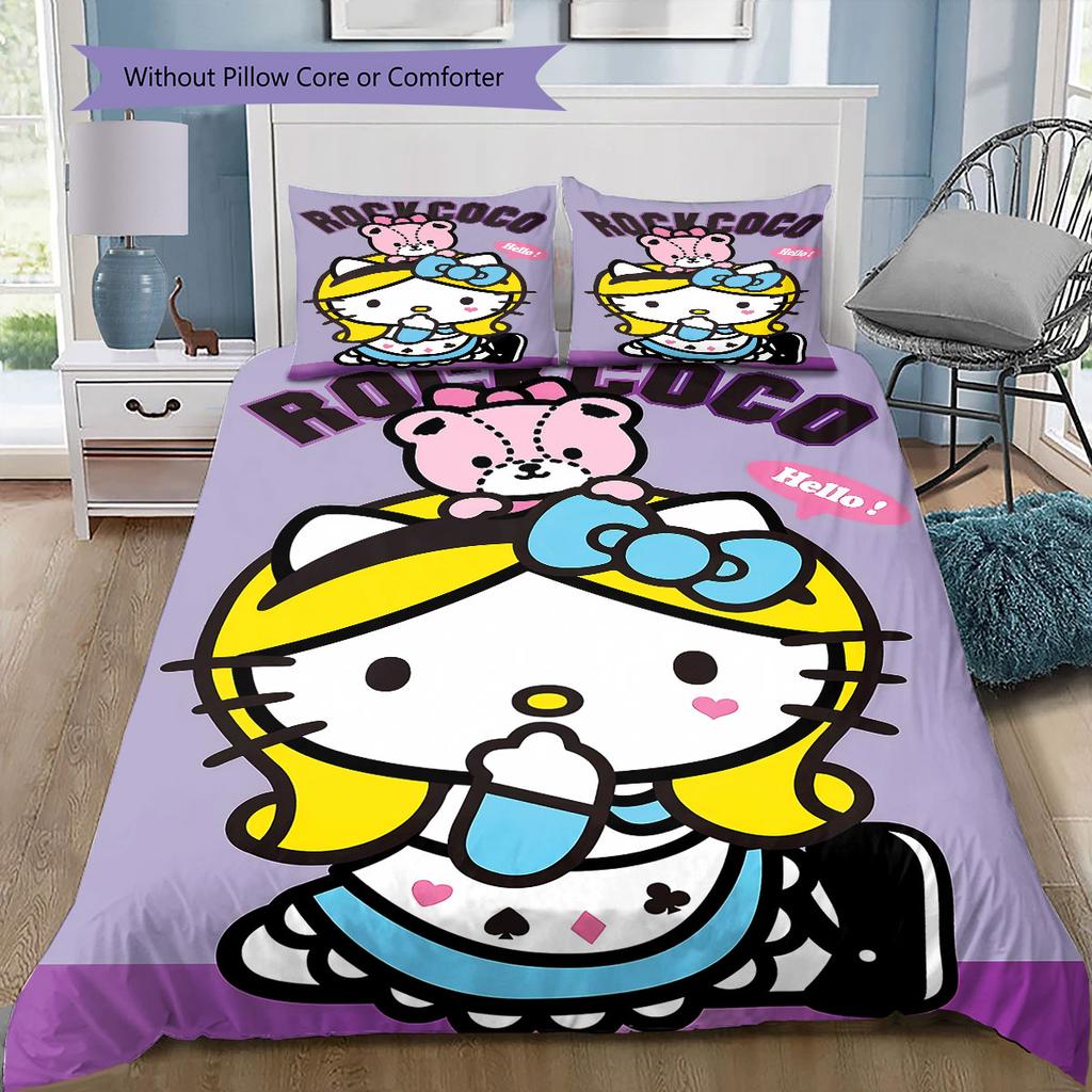Hello Kitty, Kuromi and Their Friends Printed Pattern Bedroom Three-Piece Duvet Cover Bedding Set(Without Core)