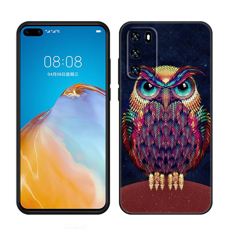 Lovely Animal Owl Black Silicone Phone Case For Huawei P10 P20 P30 P40 Lite P50 P60 Art P50E P Smart Z 2018 2020 2021 Pro 2019