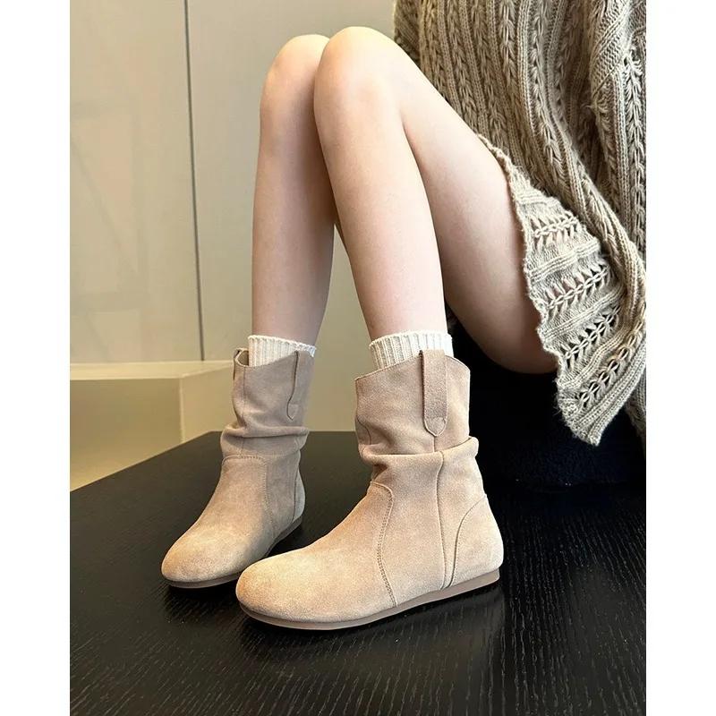 Женская мода толстые каблуки ботильоны мягкая подошва плиссированные ботильоны ковбойские сапоги женские осенние короткие ворсистые ботинки без застежек женские