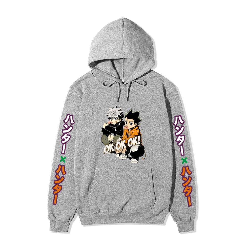 Hunter X Hunter Gon Killua Unisex Fleece Hoodie Vertical Japanese Text Sleeve Anime OK Print Long Sleeve Pullover Sweatshirt