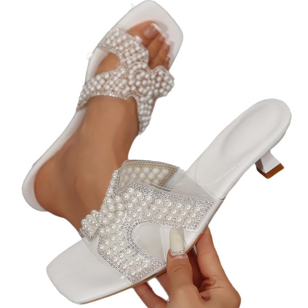 Large Size Summer New Fashion Temperament Pearl Rhinestone One-word High Heel Cool Slippers Women