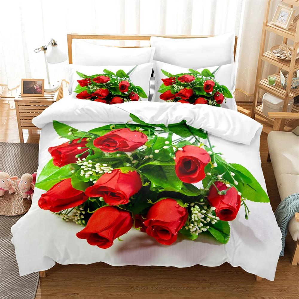 Comforter Rose Flower Bedding Set 4Pcs Pink Red 200X230 For Double Bed 3D Bedsheet 230X230 Full Size Thin Fabric