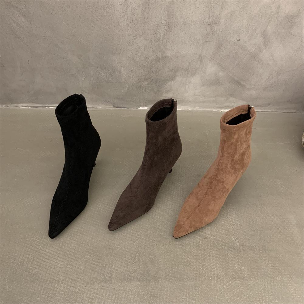 High Heel Pointed Head Temperament Suede Short Boots Women's Shoes Autumn and Winter Velvet Thin Heel Korean