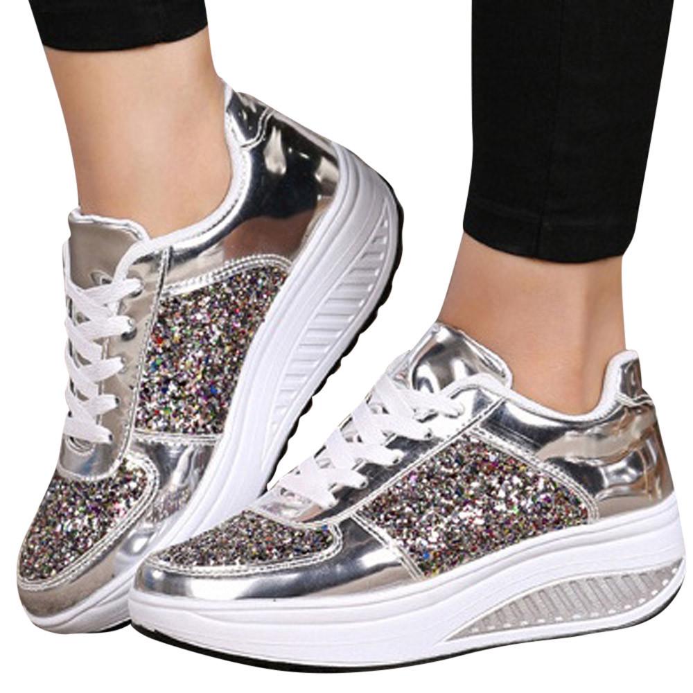 Women's Ladies Wedges Sneakers Sequins Shake Shoes Fashion Girls Sport Shoe