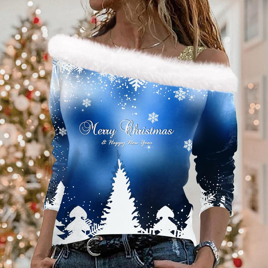 Women's Casual Long Sleeve Slouchy Christmas Printed Plush Fashion Top