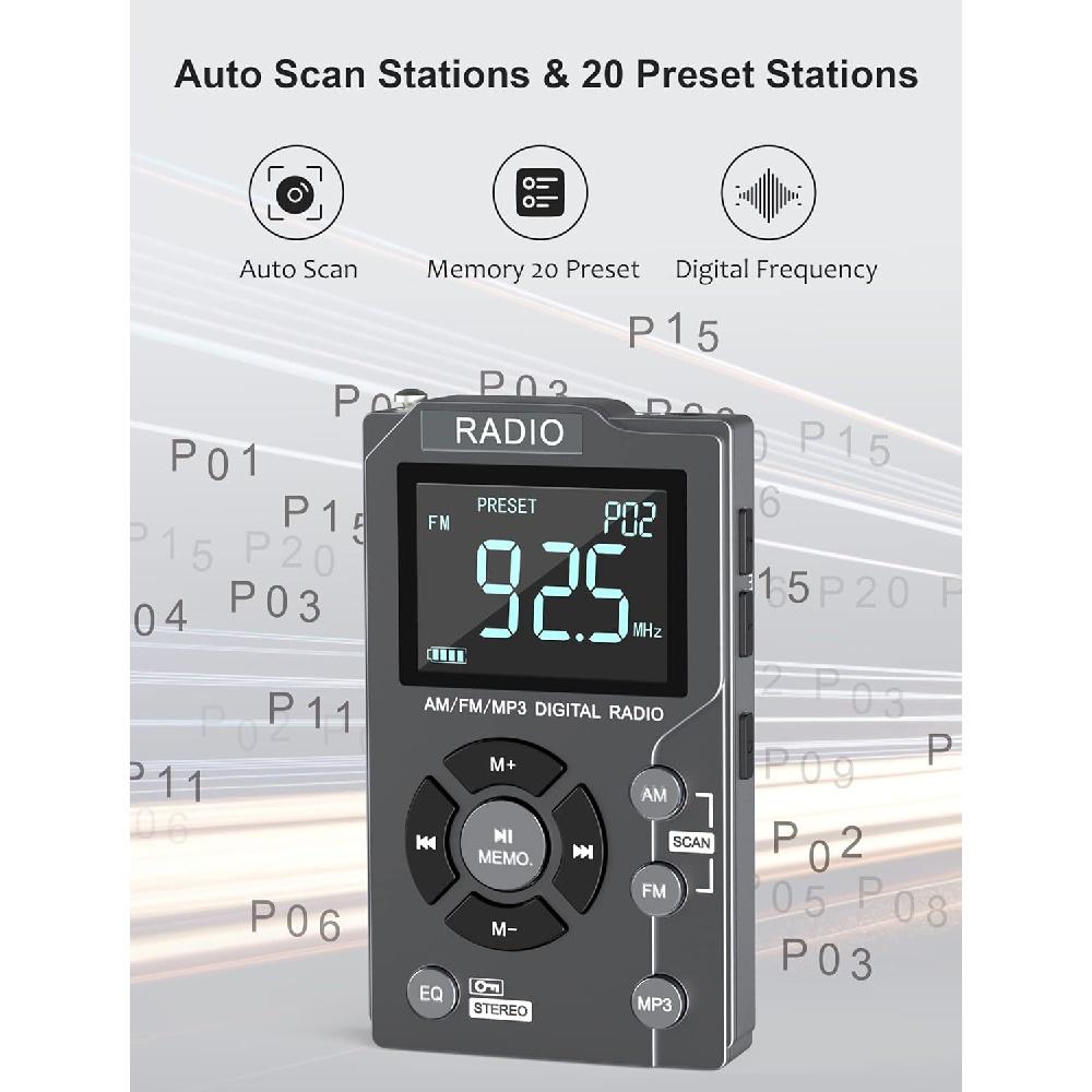 Цифровое AM FM-радио Портативное карманное радио, перезаряжаемый Walkman-радио на 600 мАч со стереонаушниками, поддержка TF-карты, большой ЖК-экран и экран блокировки