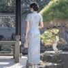 Beautiful improved national style cheongsam summer 1 new girl summer young blue dress new Chinese elegance