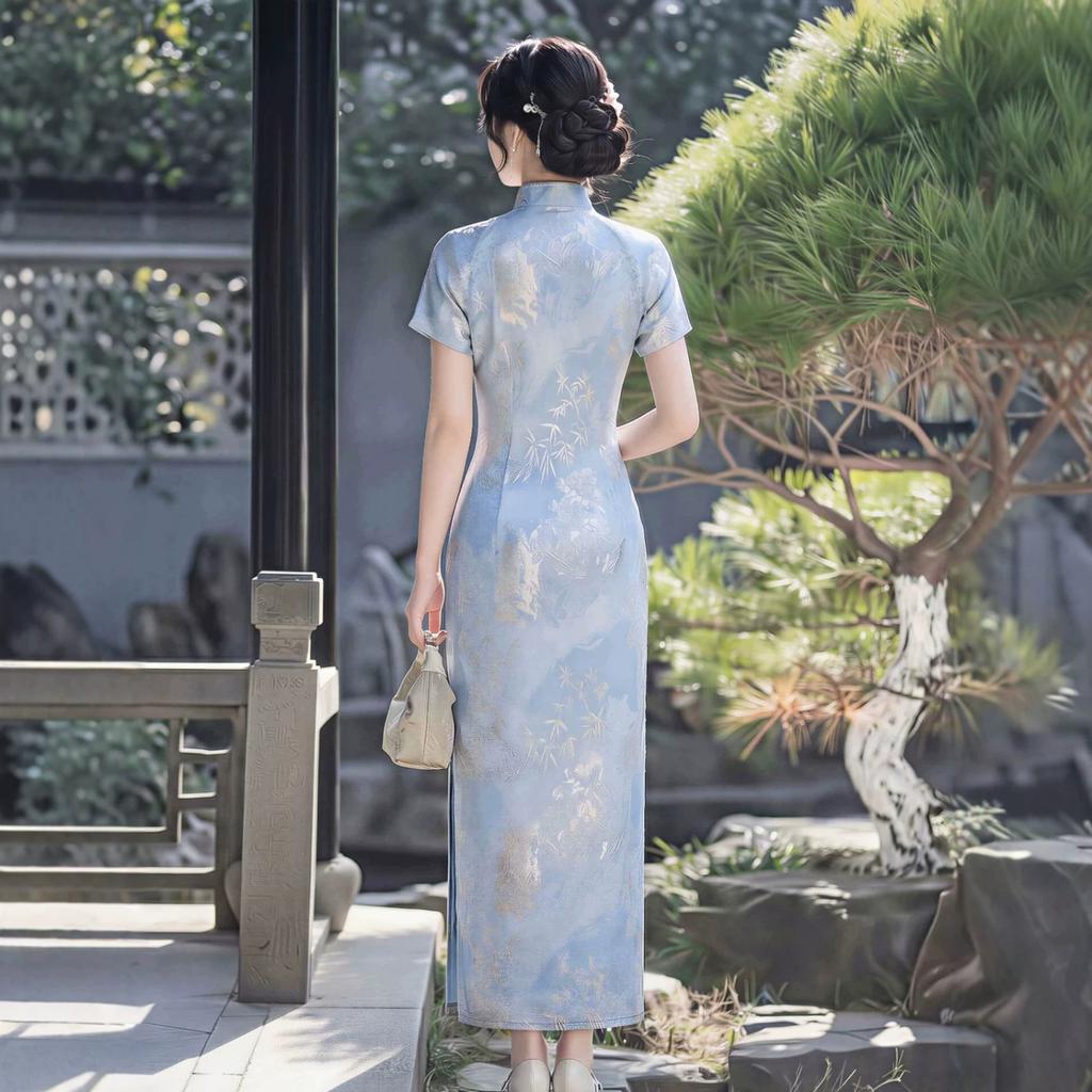 Beautiful improved national style cheongsam summer 1 new girl summer young blue dress new Chinese elegance