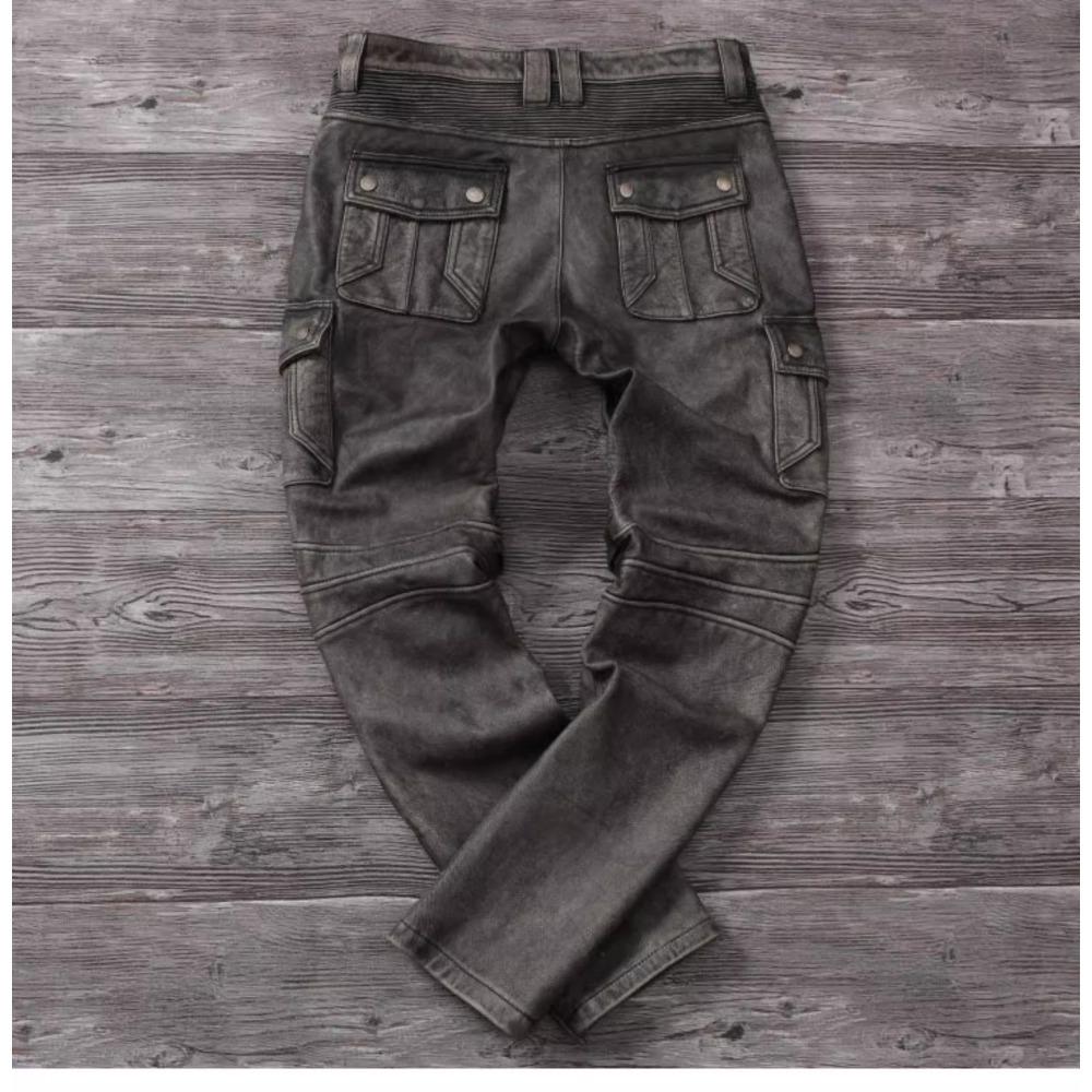 Chinese Size Vintage Gray Genuine Cowhide Leather Pants Men Motorcycle Biker Leather Trousers Autumn Winter Men Leather Pants