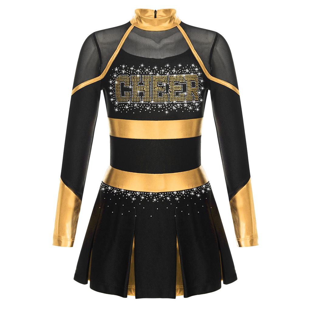 Girls Sparkly Rhinestones Letter Pattern Metallic Contrast Patchwork Long Sleeve Pleated Cheerleading Dress