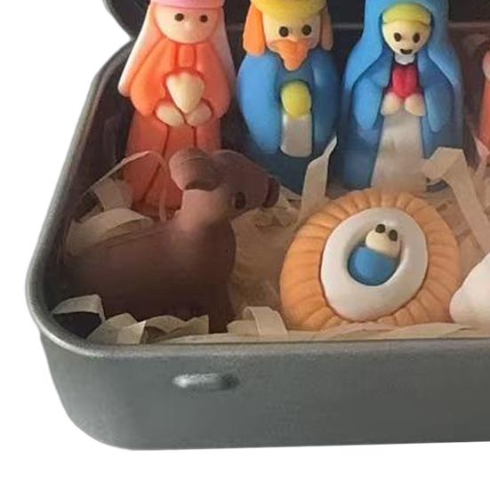 Mini Nativity Scene Figurine In Tin Box Portable Pocket Birth of Jesus Ornament Christmas Holy Family Jesus Sheep Statue Home Desk Shelf Decoration