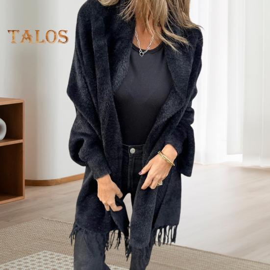 Winter Fall Women Jacket Thick Fleece Fringe Tassel Hem Long Bat Sleeves Open Stitch Cardigan Knitted Fuzzy Mid Length Coat Outdoor Daily Wear Shawl