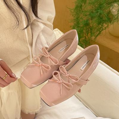 2025 весна кремовый вишневый цвет пудровый девичий бант внутренняя платформа одинарная обувь женская с мелким вырезом туфли Мэри Джейн