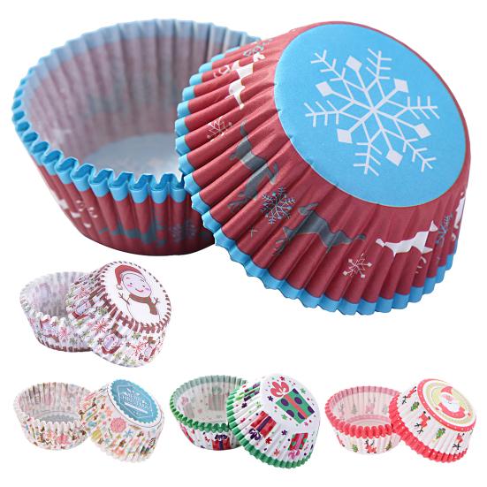 100Pcs Cupcake Liners Food Grade Oil-proof High-Temperature Resistant Non-Fading Exquisite Pattern Decorative Paper Xmas Themed Cupcake Liners