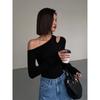 Fashion Skew Collar Off-shoulder Long-sleeved T-shirts Women Spring 2024 New Solid Slim Fit Crop Top Sexy Hollow Out Tees Shirts