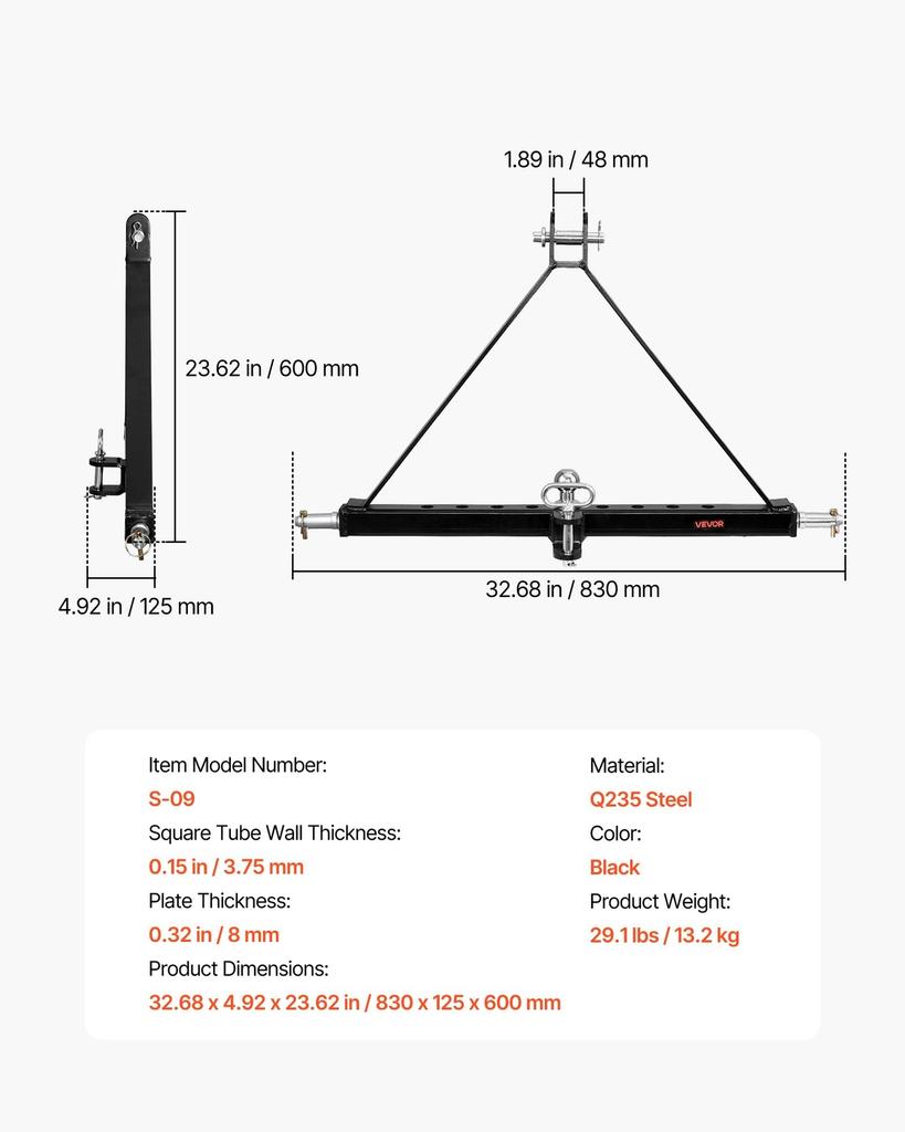 3 Point Trailer Hitch with Trailer Ball, 3 Pt Quick Hitch Attachment, Tractor Tow Drawbar Adapter, Compatible with Category 2 Tractor, Kubota,