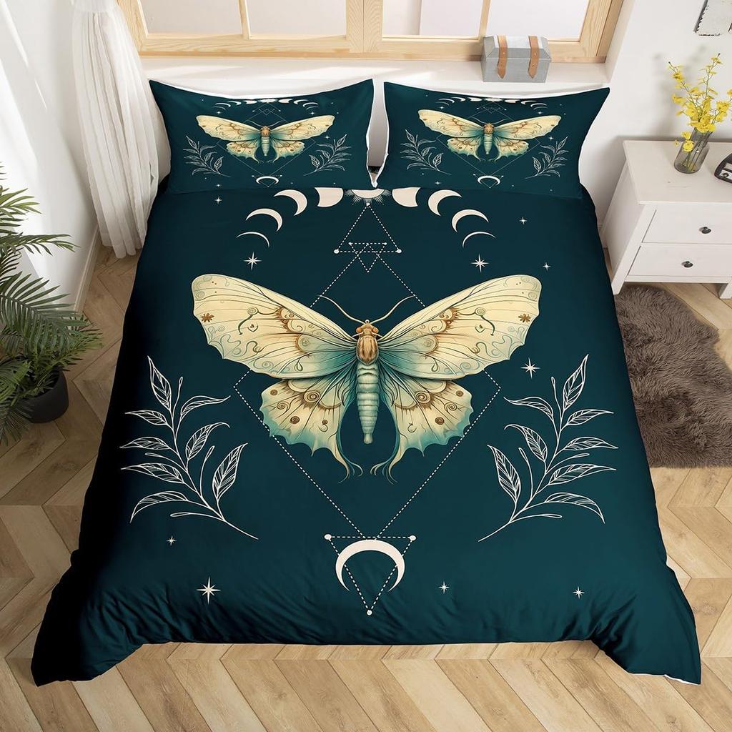 Death Moth Duvet Cover,Butterfly Comforter Cover Set Twin Size,Sun and Moon Galaxy Bedding Sets for Kids Boys Girls,Gothic Butterflies Boho