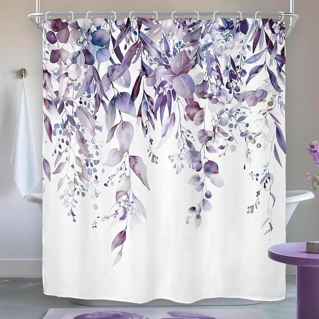 Grey eucalyptus leaves shower curtain bathroom decor vintage botanical watercolor flowers garden plants natural grey art