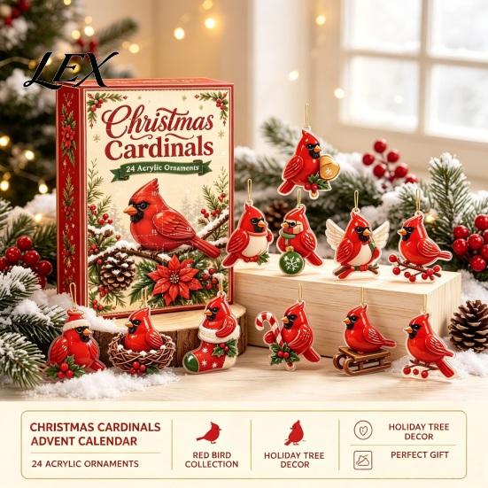 Advent Calendar for Kids Red Bird Calendar, 24-Day Christmas Countdown Set with Acrylic Ornament Collection Ornaments, 2D Tree Hanging Decor, Holiday
