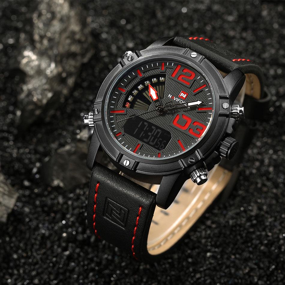 Naviforce Мужские повседневные коричневые кожаные спортивные часы, модные цифровые кварцевые наручные часы с двойным дисплеем