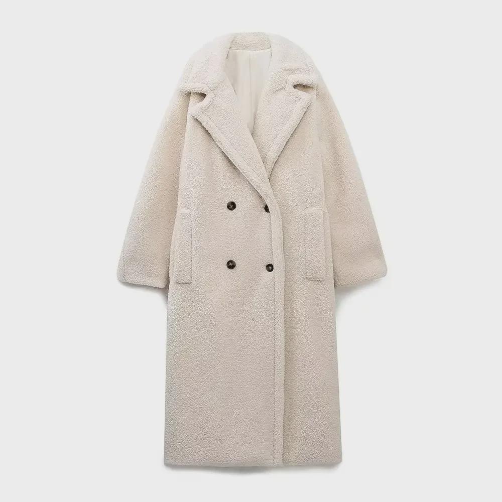 Женское однотонное флисовое пальто осень/зима 2023 года - теплое повседневное длинное пальто из овечьей шерсти