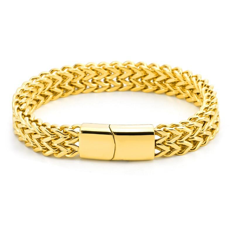 Mens Titanium Steel Bracelet With Dual-Tone Polished Cuban Link Design Hypoallergenic Anti-Tarnish 18K Gold Plated