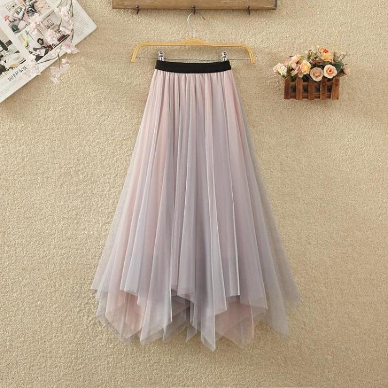 DX~~ New Irregular Skirt Women's New High Waist and Slim Double-color Gauze Skirt In Spring Long Gauze Skirt