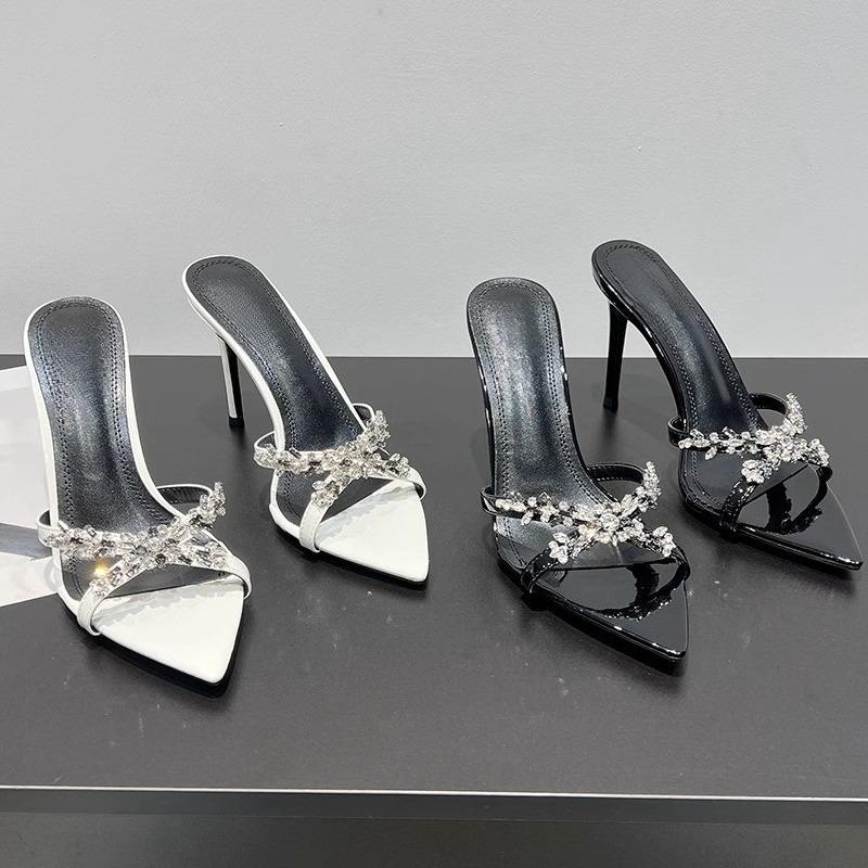 Туфли-шлепанцы на шпильке с острым носом и открытым носком, со стразами, женские, летние, новые, с перекрестными ремешками, вьетнамки, универсальные, на высоком каблуке, крутые для мытья полов