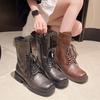 Ретро-ботинки для байкеров со шнуровкой длиной до середины голени, женские зимние модные ботинки на толстой платформе с квадратным носком и боковой молнией