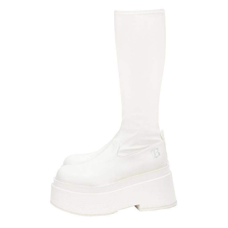 Новинка 2025 осень и зима бархатные эластичные тонкие ботинки, новые на толстой подошве на среднем каблуке высокие ботинки, маленькие и длинные