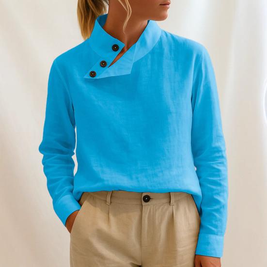 Женские топы Стойка воротник Скошенный пуговичный вырез Длинный рукав Пуловеры Однотонный Свободный крой Повседневные топы Для работы Вечеринки Повседневной носки