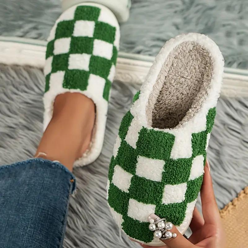 New Winter Women Slippers Checkerboard Chic Slippers With Ultra-Soft Plush Lining Cotton Slippers
