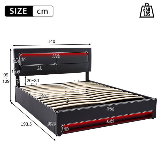 Upholstered Bed 140 x 190cm, with USB Port (Supports Wireless And Wired Charging), with LED Lighting And Storage Space, without Mattress, Faux Leather