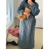 Thickened Warm Plus Size Ladies Pyjamas Flannel Winter Striped Coral Velvet Long-Sleeved Nightwear Bathrobe One Piece Pajamas