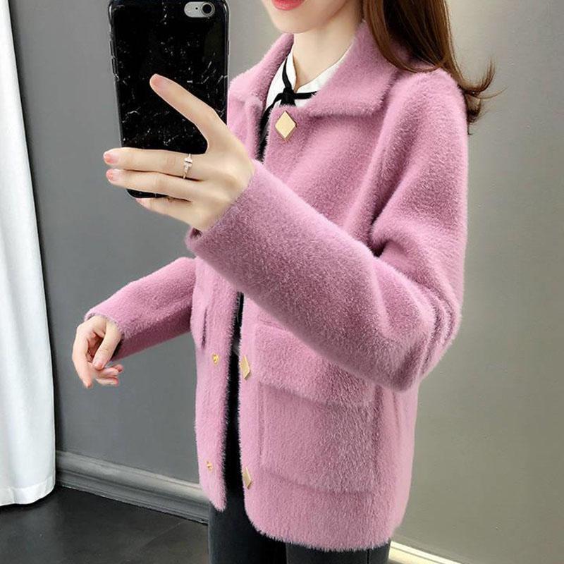 Fuzzy Cardigan Sweater for Women Imitation Mink Velvet Jacket Women Short Mohair Cardigan Lapel Knitted Cardigan Sweaters with Pockets