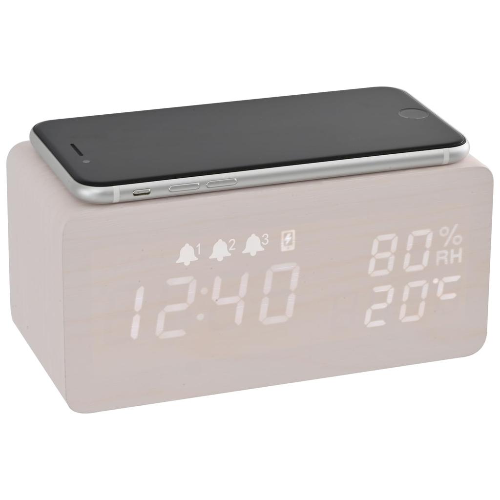 Electime Stylish Table Alarm Smartphone Digital Wood Table Qi Wireless Automatic Brightness USB Power Technical Certified Clock, Clock, Charging,