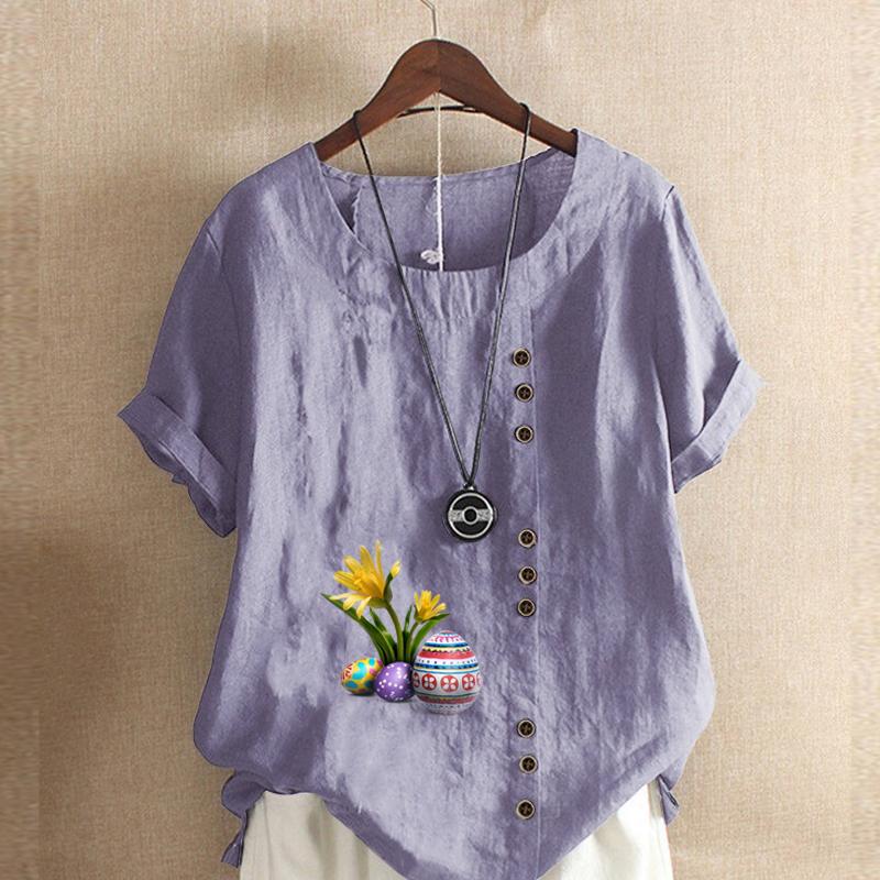 Women's Fashion Round Neck Short Sleeve T-shirt Casual Cotton Linen Graphic Shirt Leisure Loose Flower Prined Summer Blouse Tops