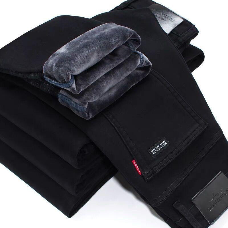 Флисовые утепленные джинсы эластичные большого размера свободные и для полных, повседневные теплые брюки с высокой талией