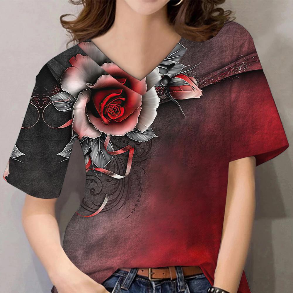 Женские топы с 3D цветочным принтом и коротким рукавом с V-образным вырезом, летние футболки для влюбленных пар