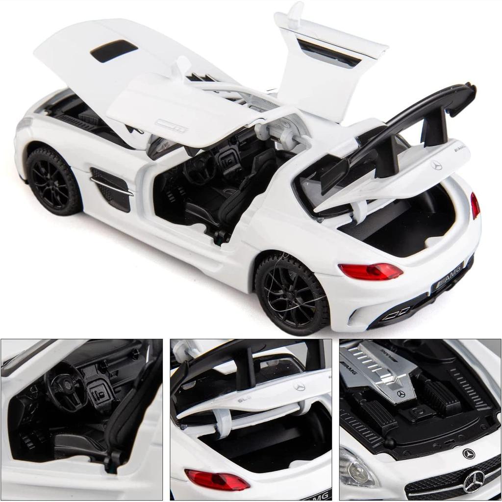 1:32-масштабная модель автомобиля Benz SLS AMG, литая под давлением цинкового сплава, игрушечная машинка с откидной спинкой, звуком и светом для детей, мальчиков и девочек