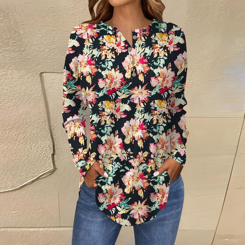 Модная свободная футболка с длинным рукавом и цветочным принтом на пуговицах, топ-пуловер