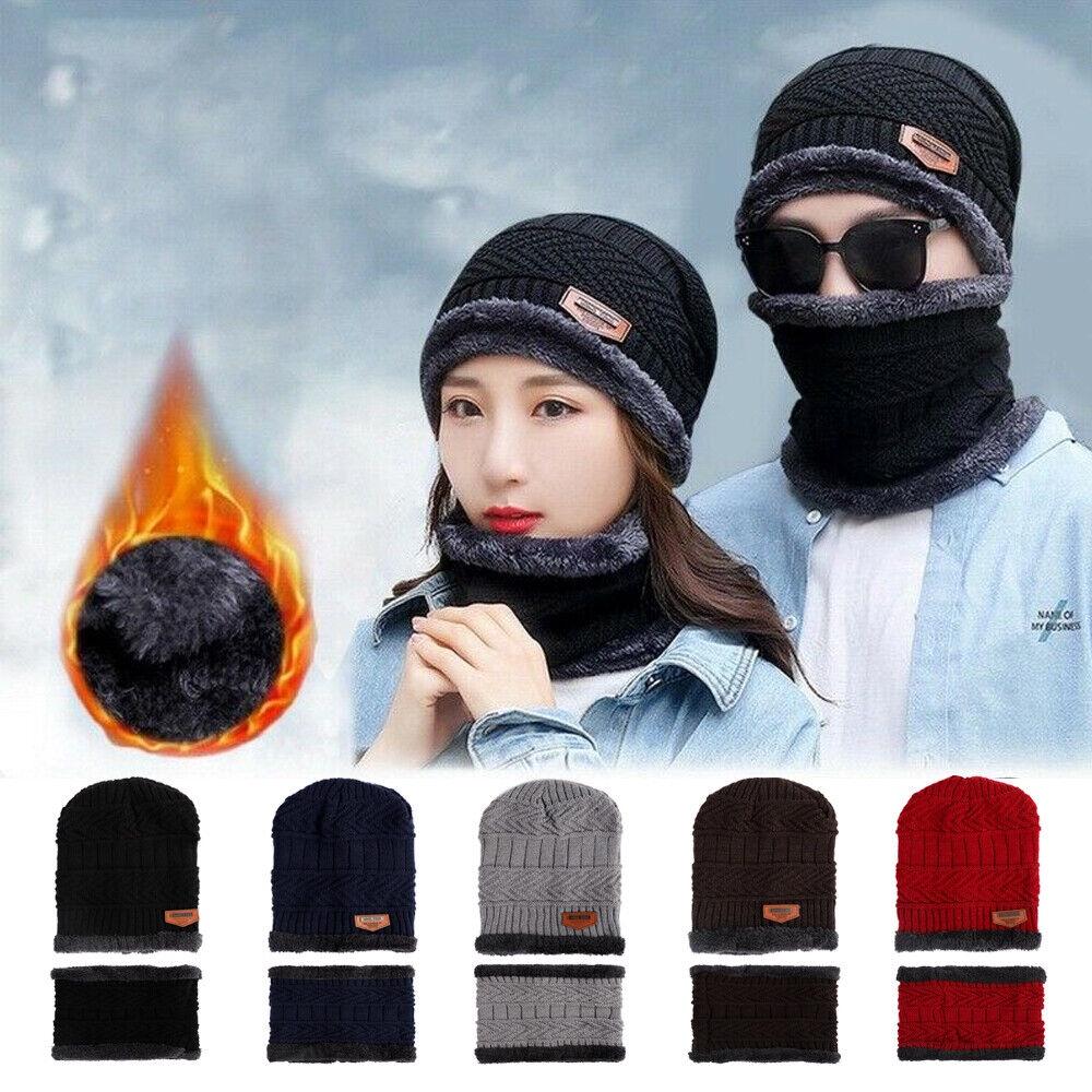 Mens Winter Beanie Hat And Scarf Set Warm Fleece Knitted Cap Unisex Couple