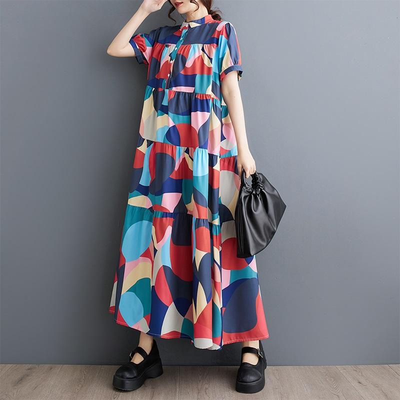 Новое винтажное платье с цветочным принтом больших размеров с коротким рукавом для женщин, повседневное свободное длинное летнее платье
