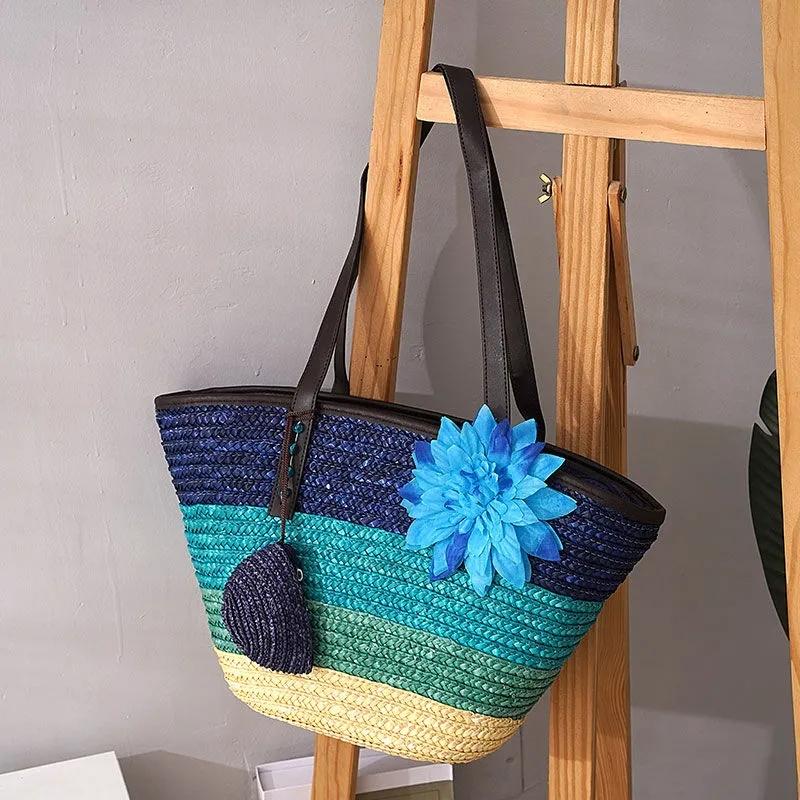 Knitted Straw Bag Summer Flower Bohemia Fashion Women's Handbags Color Stripes Shoulder Bags Beach ARI