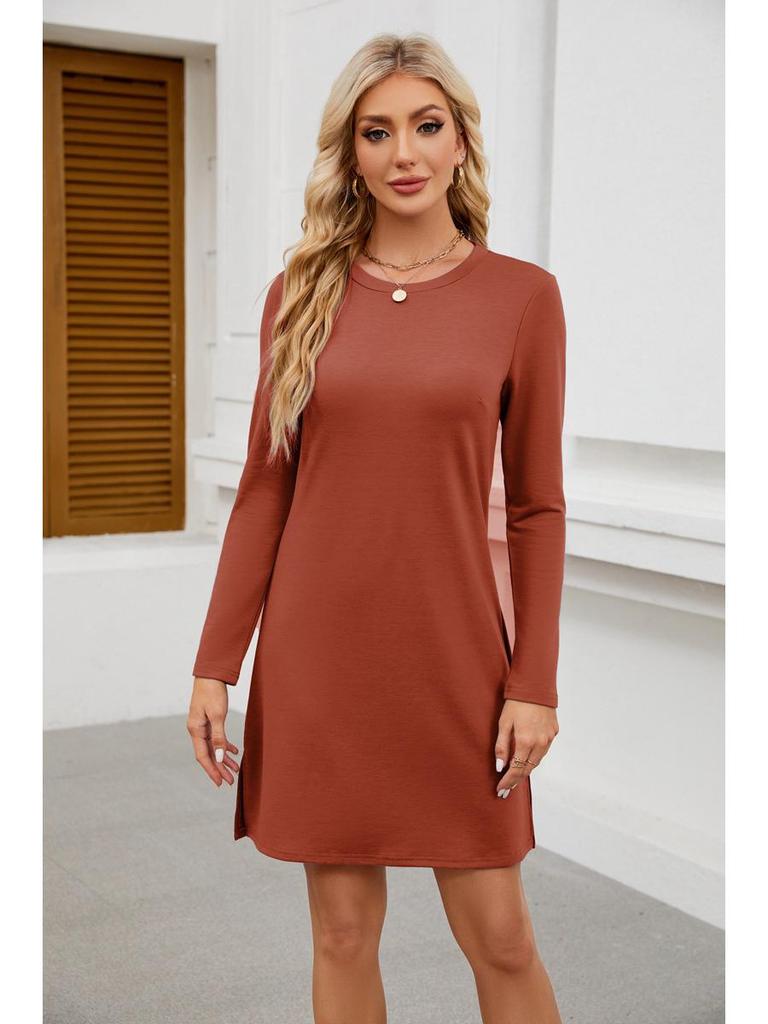 2024 Женское повседневное платье с длинным рукавом и разрезом по подолу, с круглым вырезом