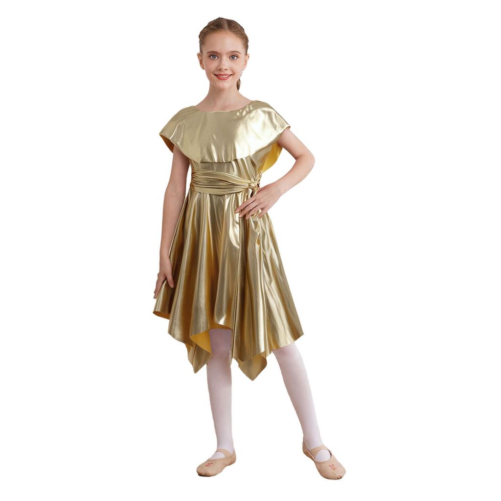 Girls Praise Dance Metallic Tunic Asymmetrical Hem Belted Choir Dress Performance Gown