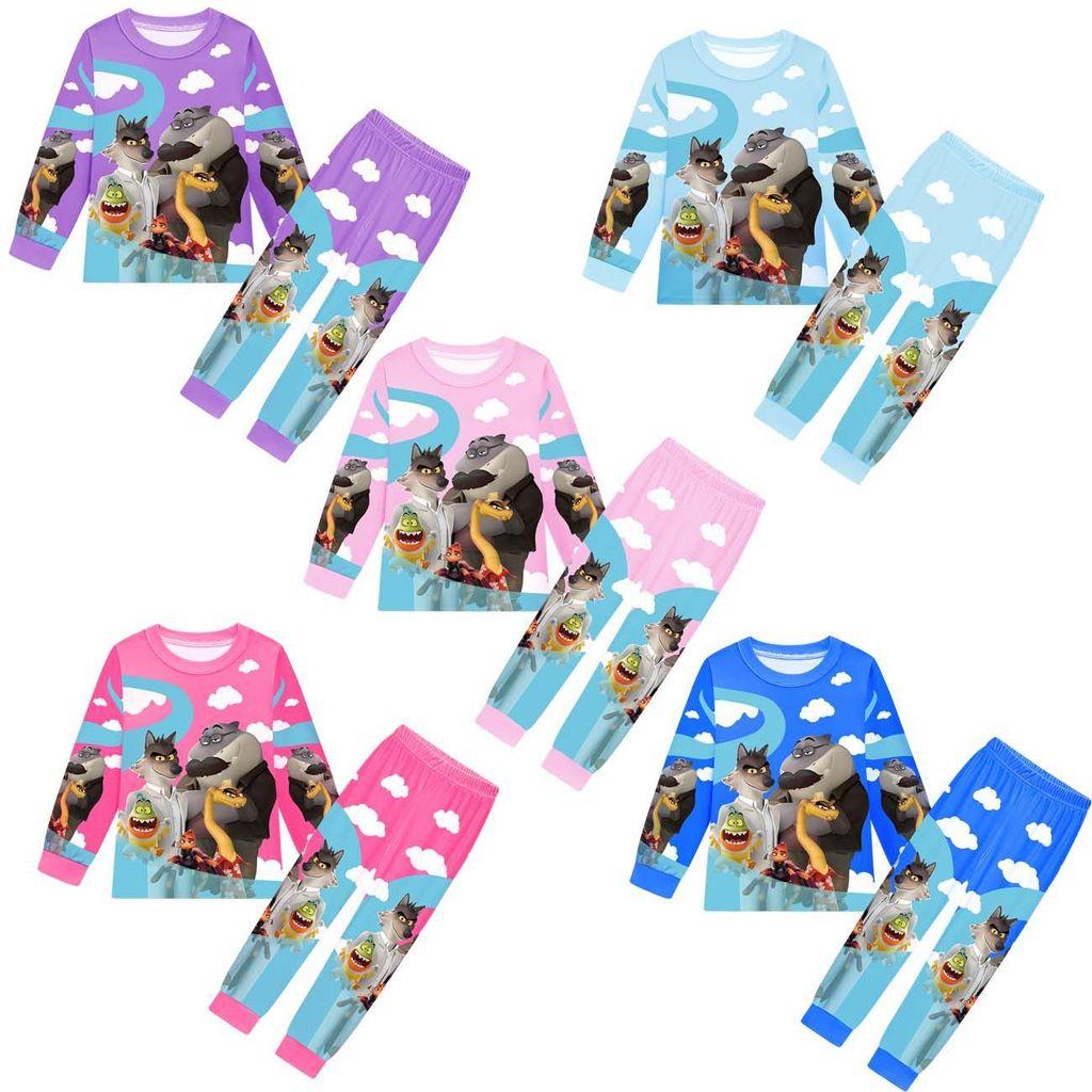 Детский Аниме Мультяшный Принт Плохие Парни Повседневный Комплект Одежды Футболка с Длинными Рукавами и Брюки для Мальчиков и Девочек