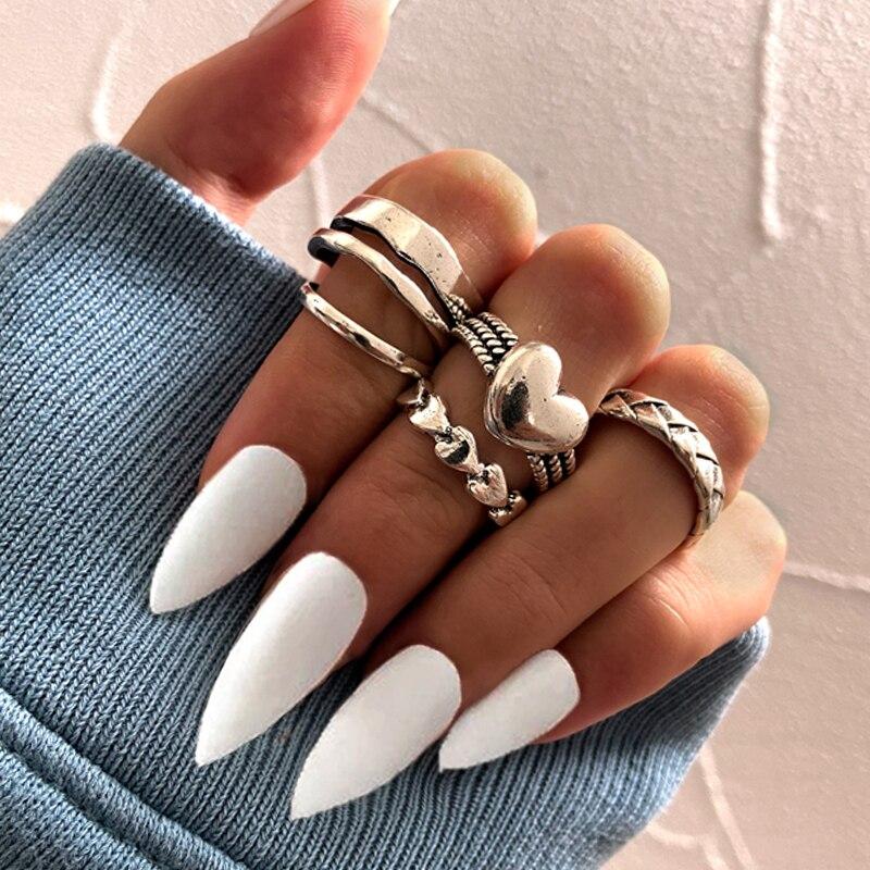iF ME Punk Vintage Silver Color Poker Billiards Ring Set for Women Gothic Heart Anillos Hip Hop Y2k Korean Fashion Male Gift Jewelry