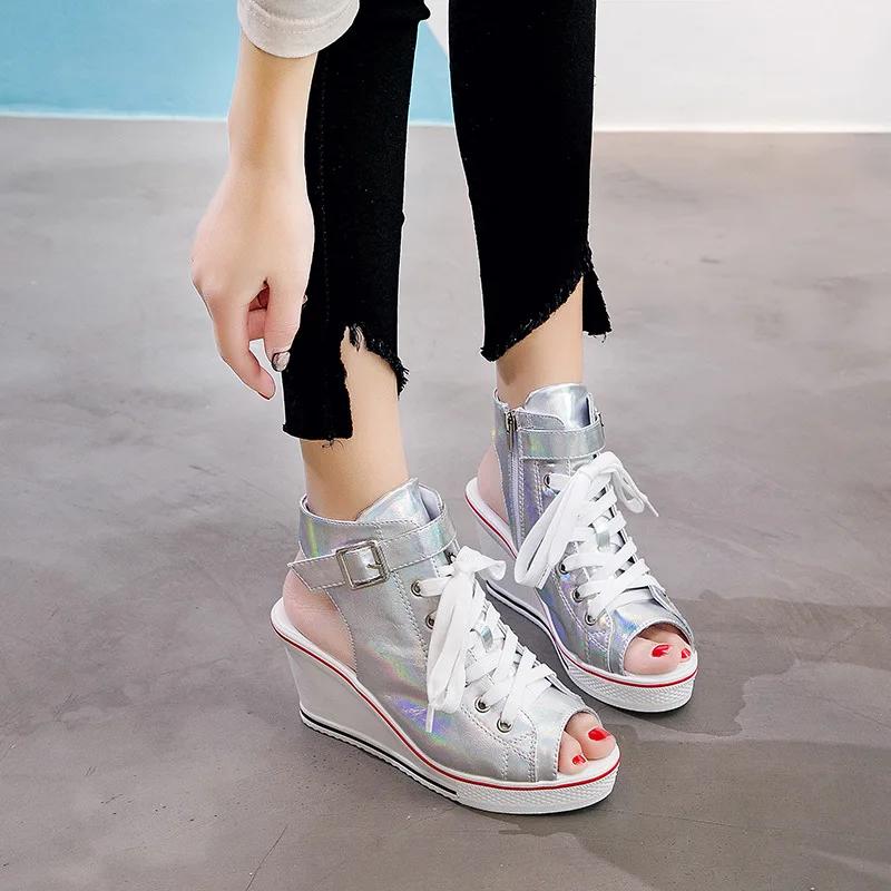 Модные женские босоножки 2024 года на танкетке с каблуком-рыбьим ртом, босоножки на 8 см, повседневные парусиновые туфли на платформе со шнуровкой, женские туфли