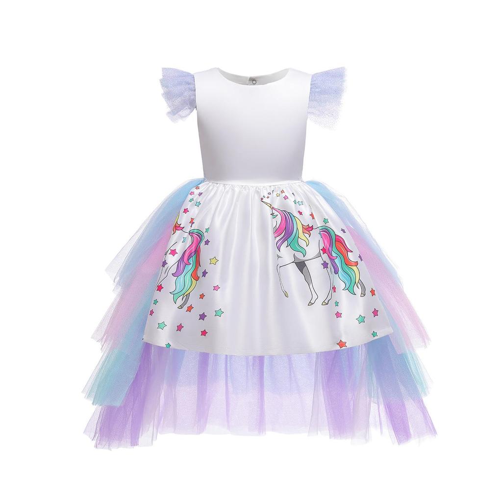 Kids Rainbow Unicorn Dress with Long Tails Party Dress for Girl Princess Costume Lol Ball Gown Baby Girls Pony Dress
